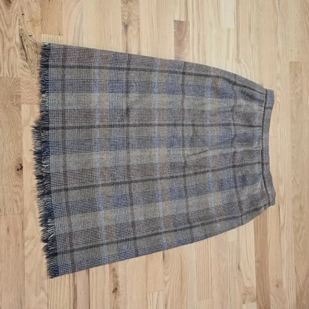 Vintage Parsons Place Wool Blend Plaid Wrap Skirt Fringe Hem size 12